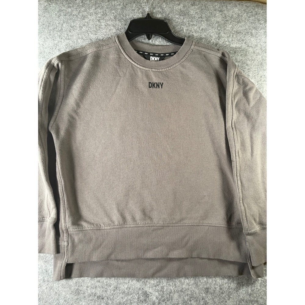 DKNY Womens‎ Crewneck Sweatshirt Taupe Brown Logo High Low Split Hem XS
